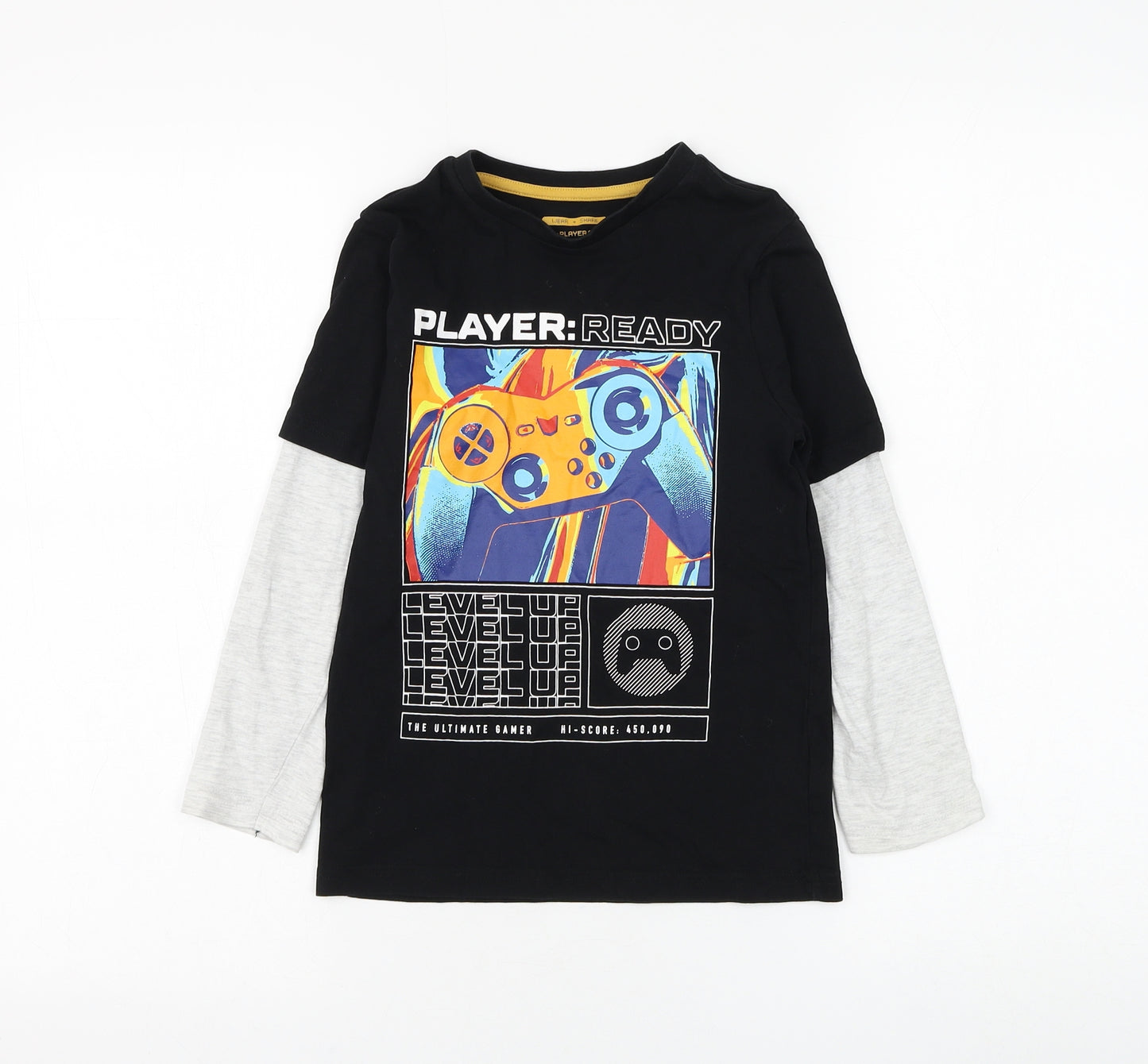 F&F Boys Black Cotton Basic T-Shirt Size 6-7 Years Round Neck Pullover - Gaming