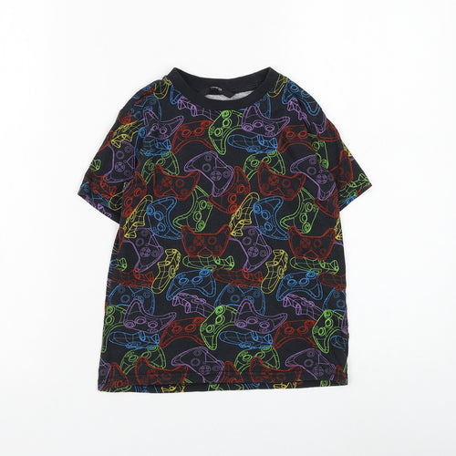 George Boys Black Geometric Cotton Basic T-Shirt Size 6-7 Years Round Neck Pullover - Gaming