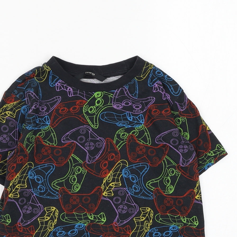 George Boys Black Geometric Cotton Basic T-Shirt Size 6-7 Years Round Neck Pullover - Gaming
