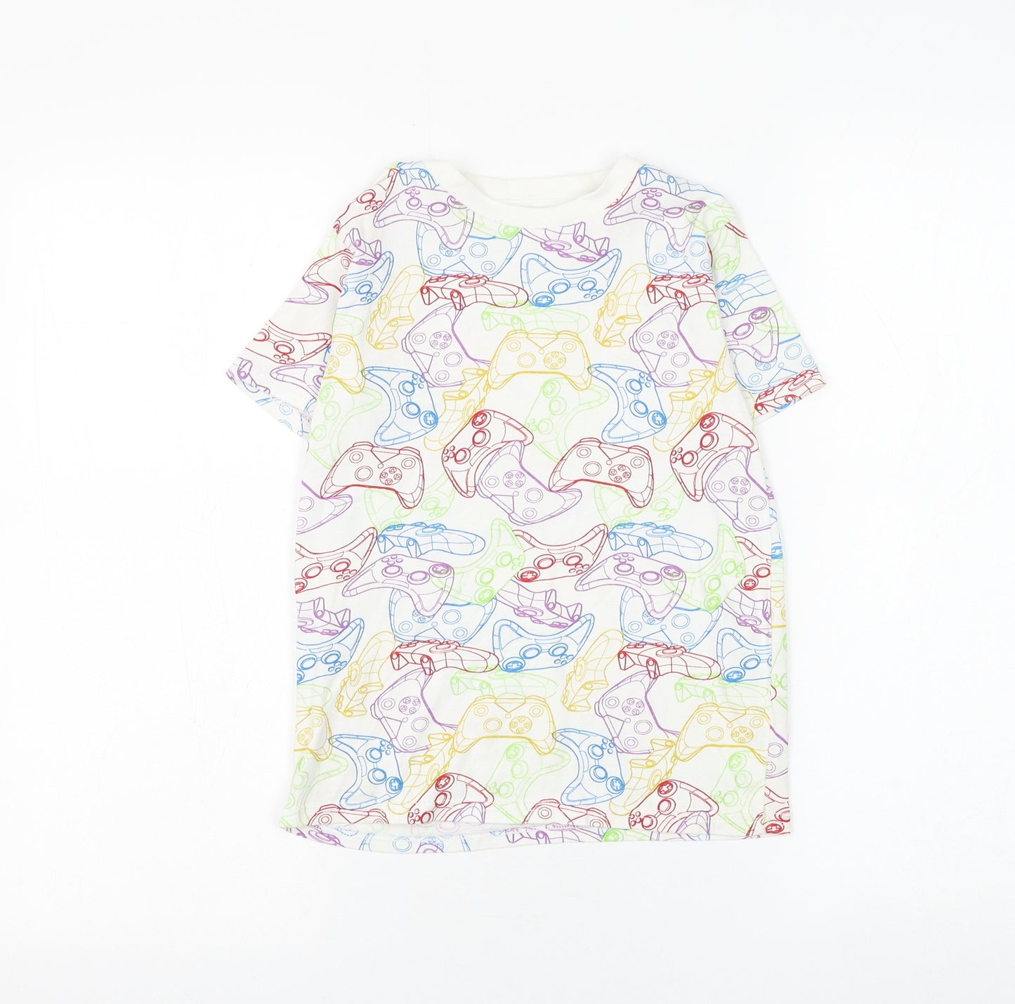 George Boys White Geometric Cotton Basic T-Shirt Size 6-7 Years Round Neck Pullover - Gaming