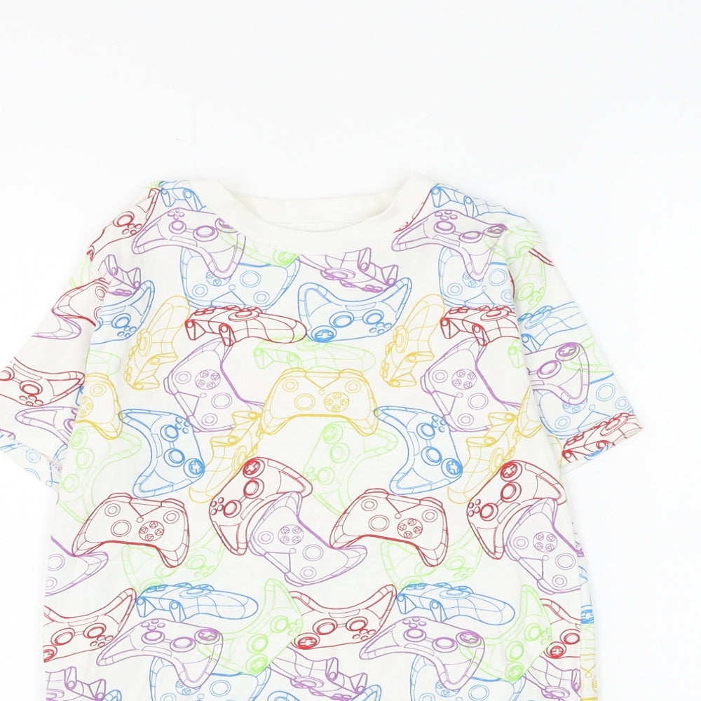 George Boys White Geometric Cotton Basic T-Shirt Size 6-7 Years Round Neck Pullover - Gaming