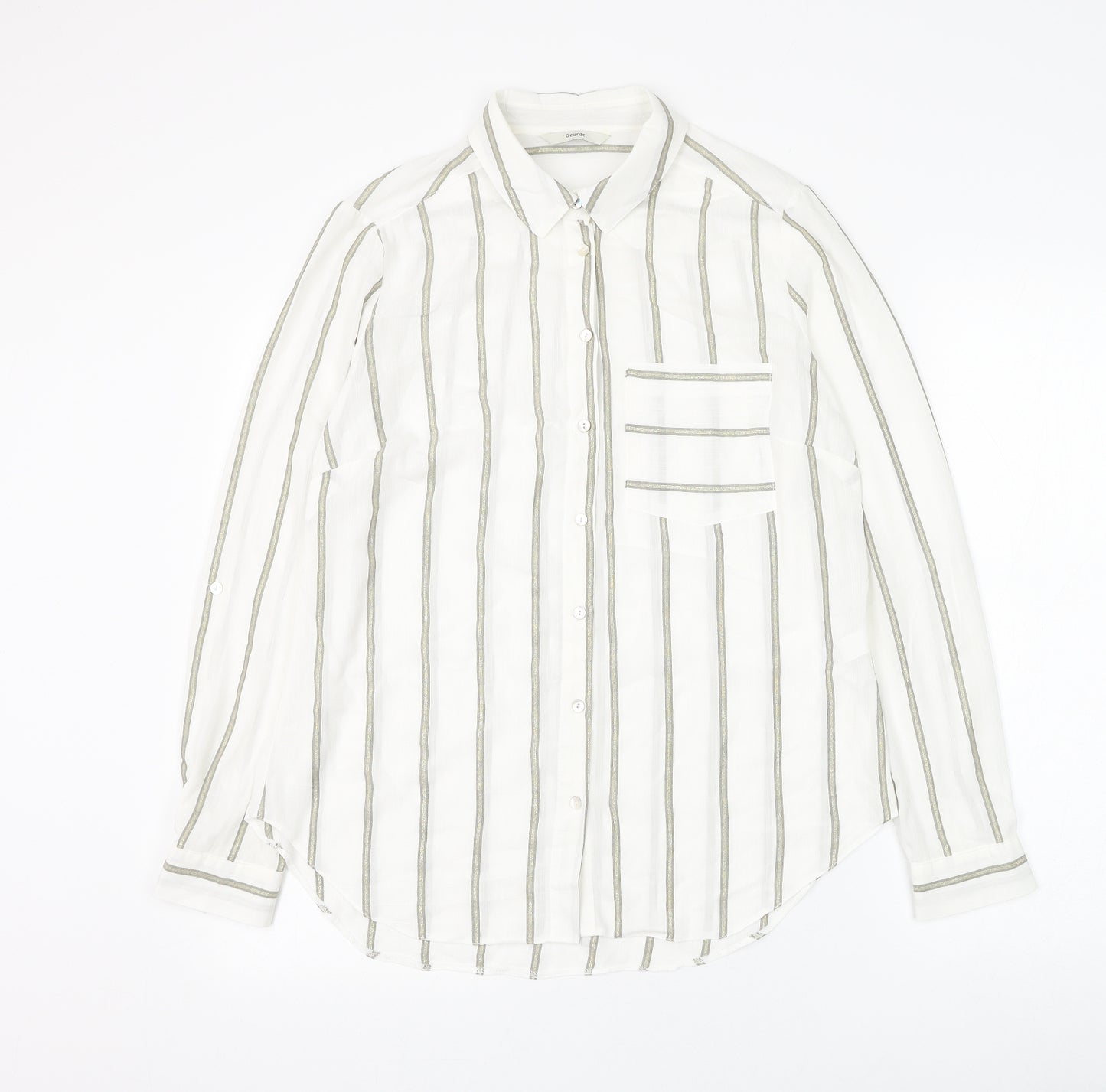George Womens White Striped Viscose Basic Button-Up Size 10 Collared