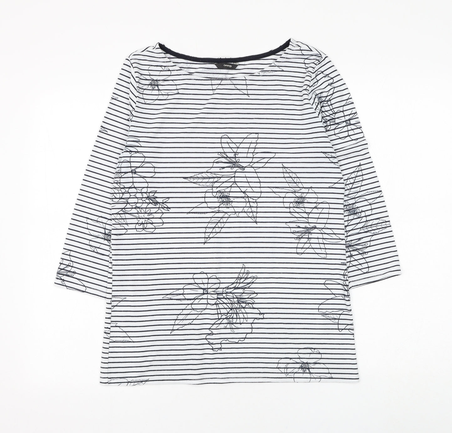 George Womens White Striped Polyester Basic T-Shirt Size 10 Boat Neck - Flower