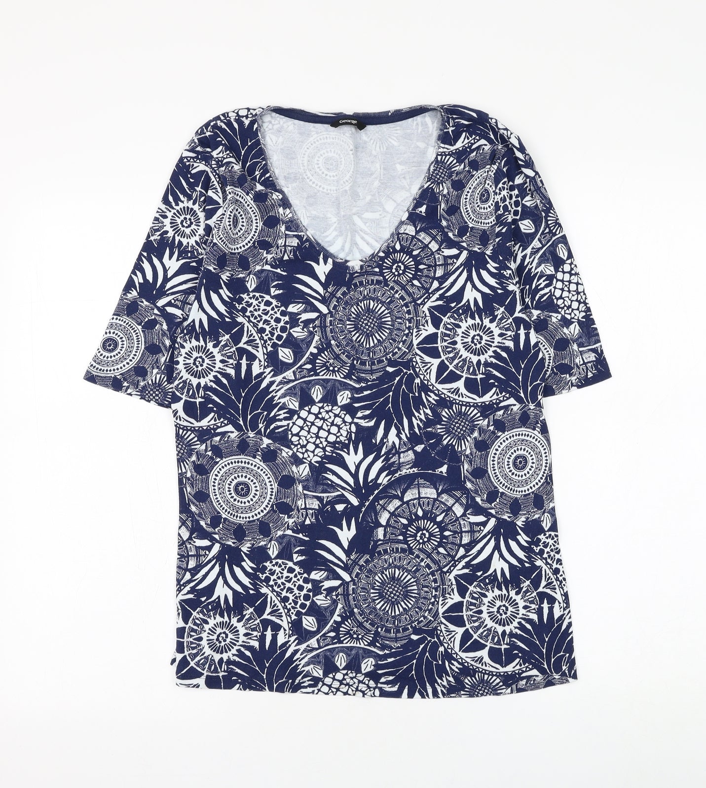 George Womens Blue Geometric Cotton Basic T-Shirt Size 14 Scoop Neck