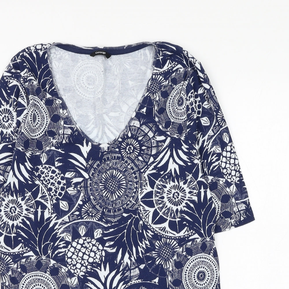 George Womens Blue Geometric Cotton Basic T-Shirt Size 14 Scoop Neck