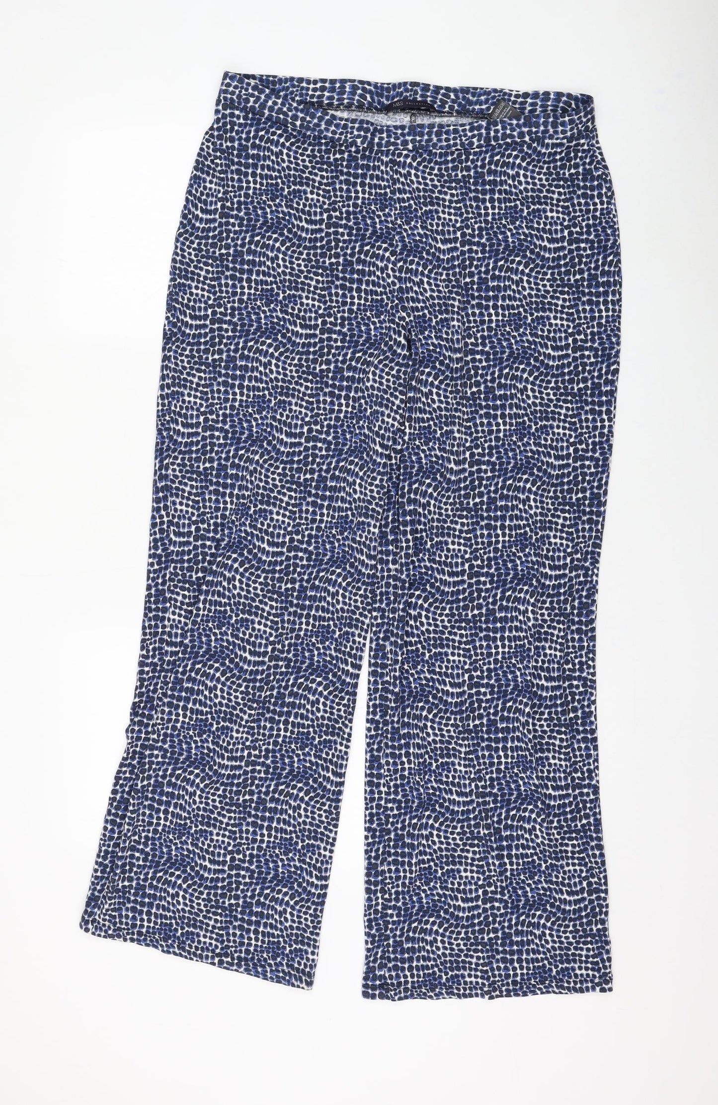 Marks and Spencer Womens Blue Geometric Viscose Trousers Size 18 L29 in Regular