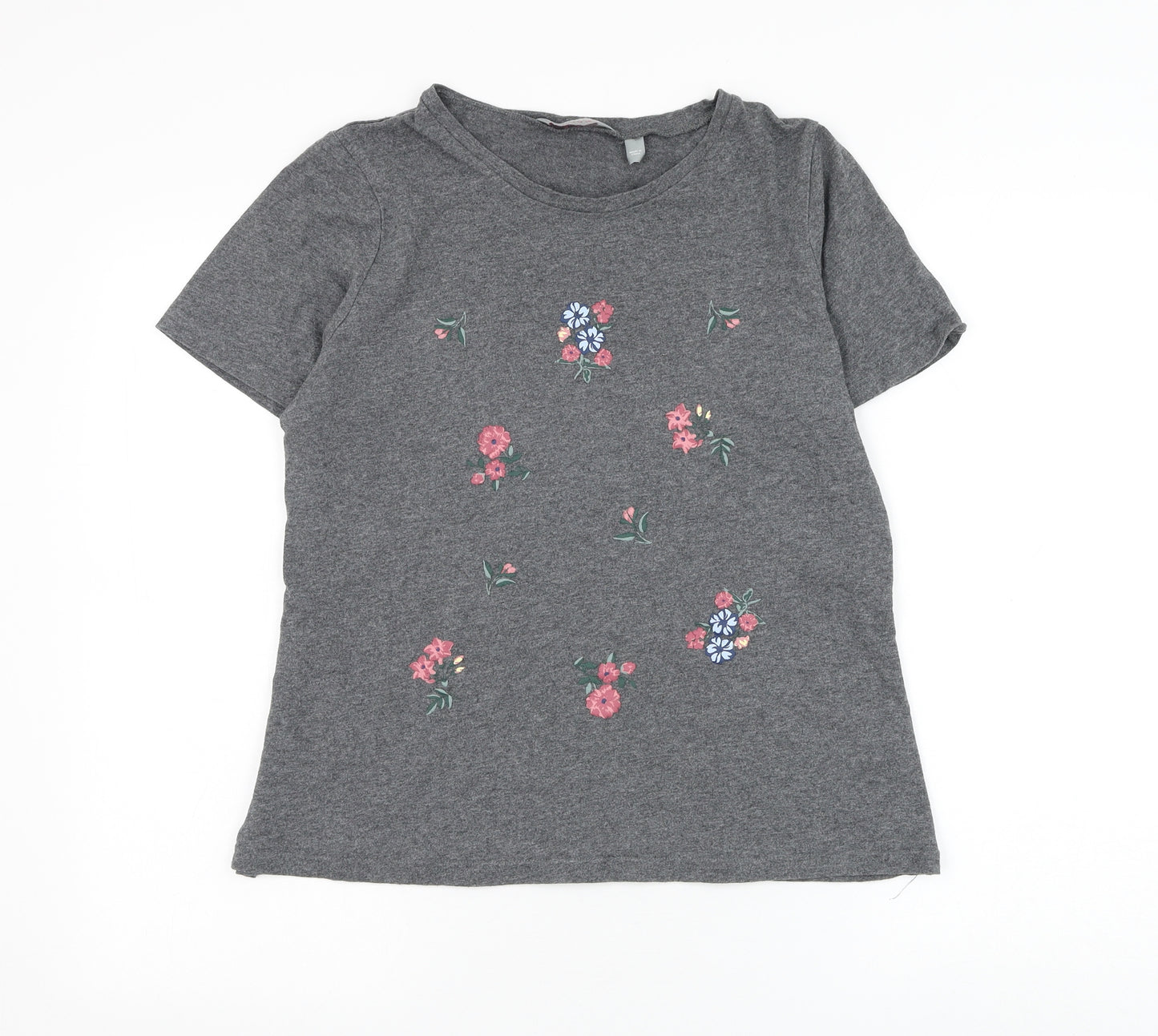 Dorothy Perkins Womens Grey Floral Cotton Basic T-Shirt Size 12 Round Neck