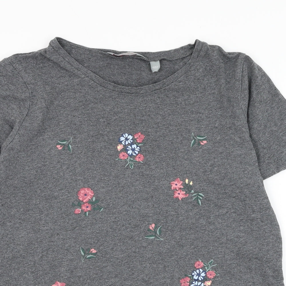 Dorothy Perkins Womens Grey Floral Cotton Basic T-Shirt Size 12 Round Neck