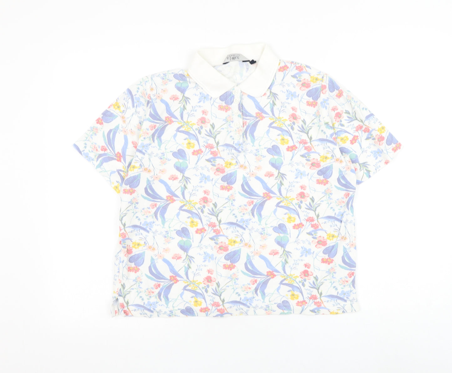EWM Womens White Floral Cotton Basic Polo Size 14 Collared