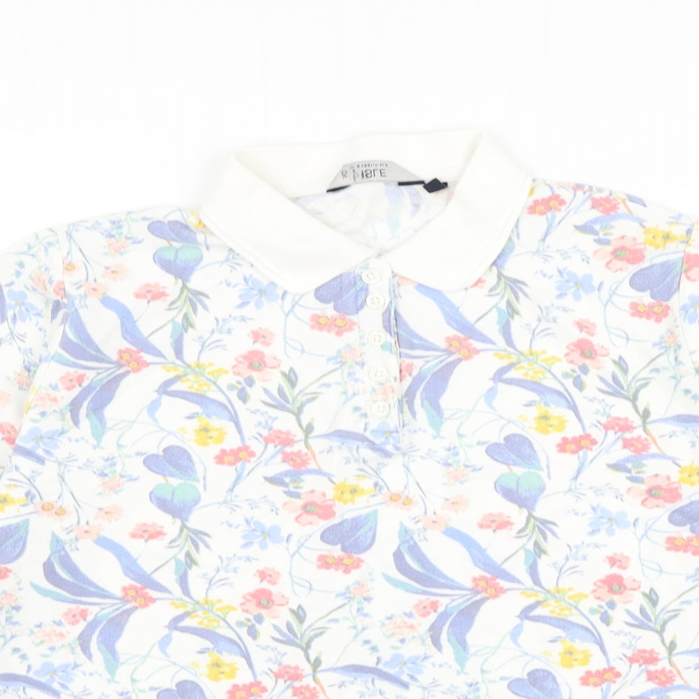 EWM Womens White Floral Cotton Basic Polo Size 14 Collared