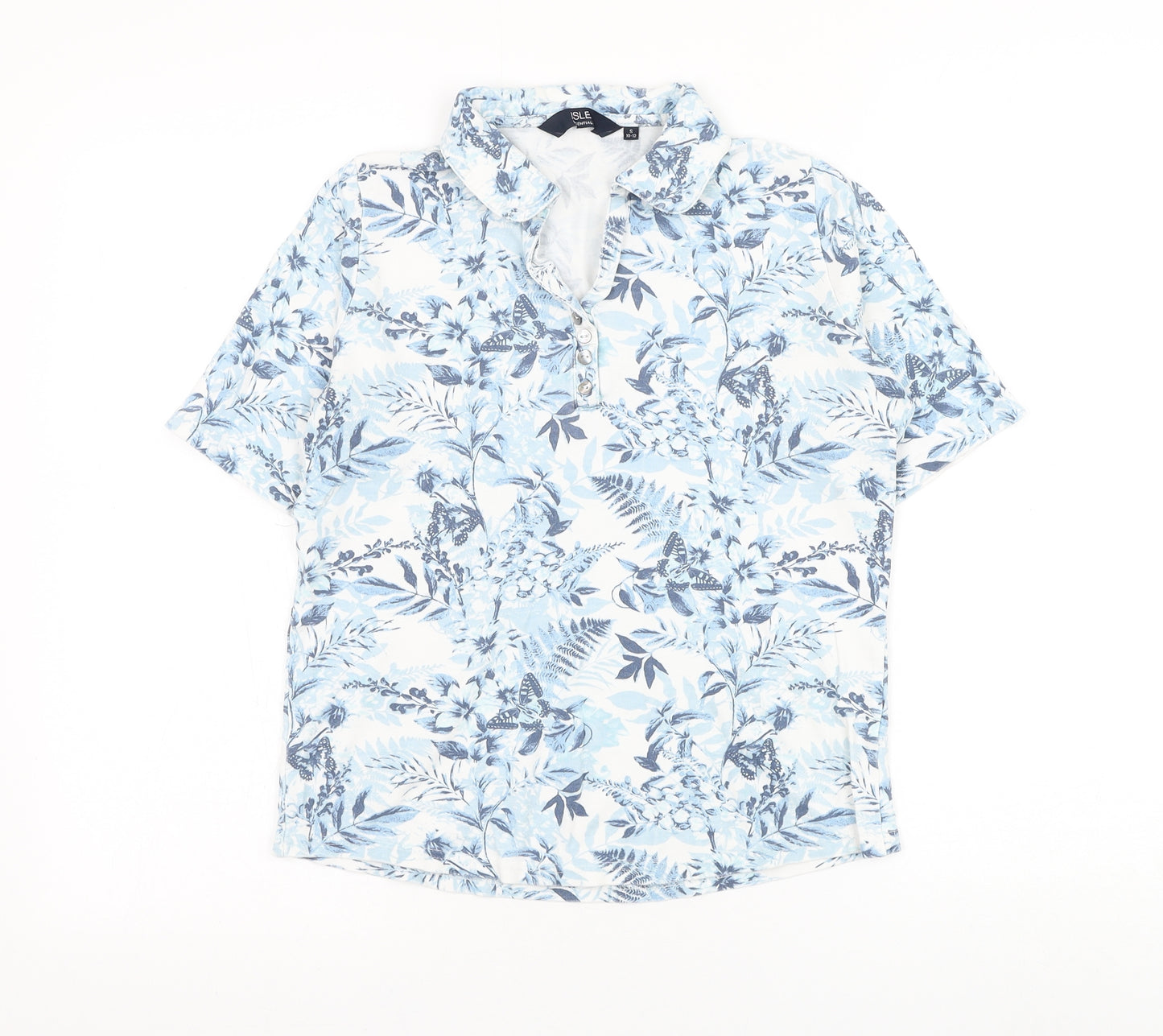 EWM Womens Blue Floral Cotton Basic Polo Size 10 Collared
