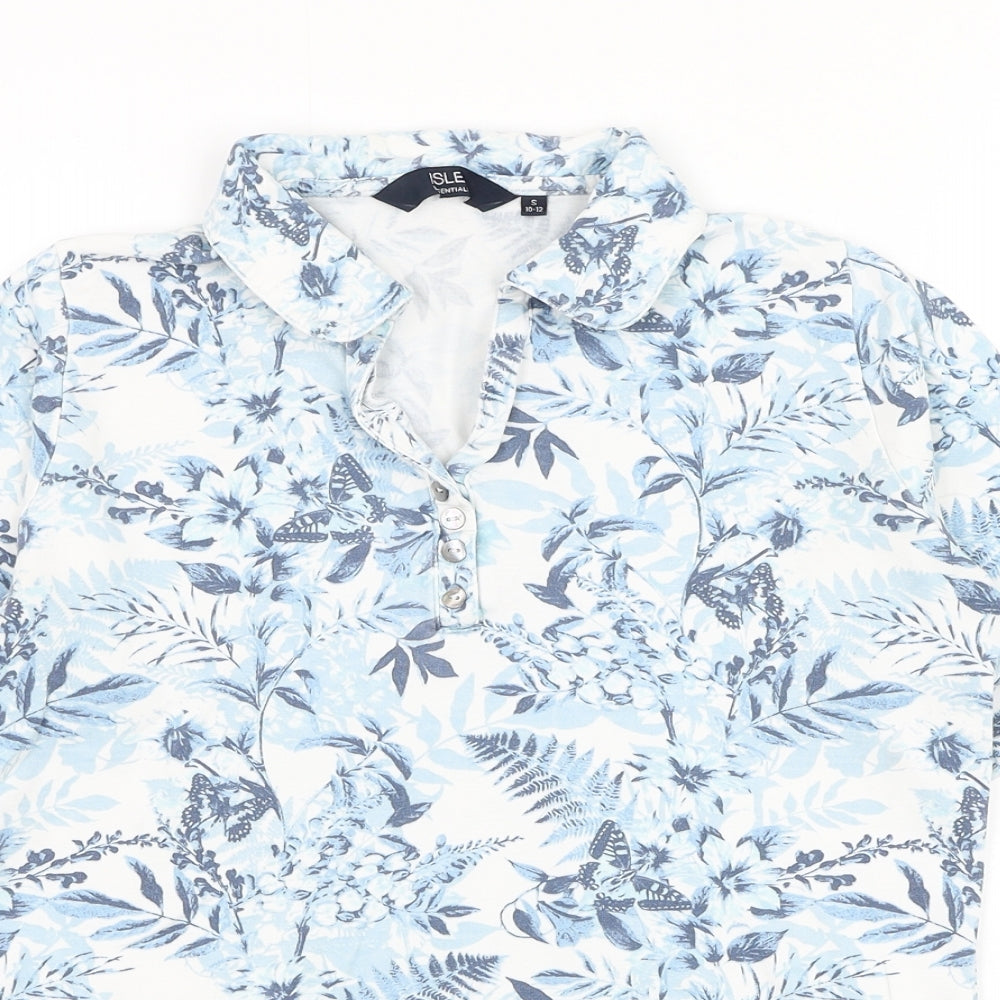 EWM Womens Blue Floral Cotton Basic Polo Size 10 Collared