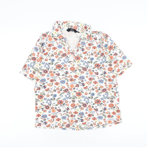 EWM Womens White Floral Cotton Basic Polo Size 10 Collared