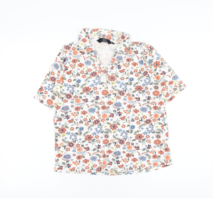EWM Womens White Floral Cotton Basic Polo Size 10 Collared