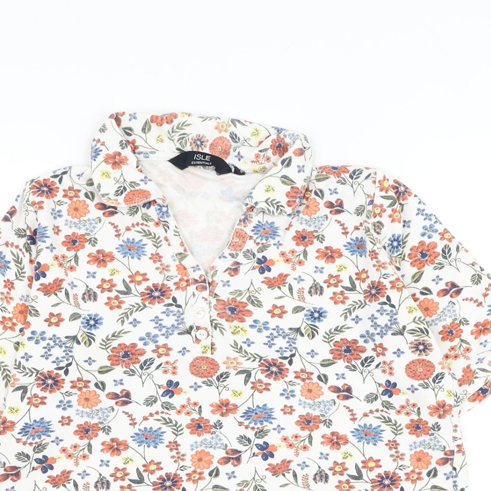 EWM Womens White Floral Cotton Basic Polo Size 10 Collared