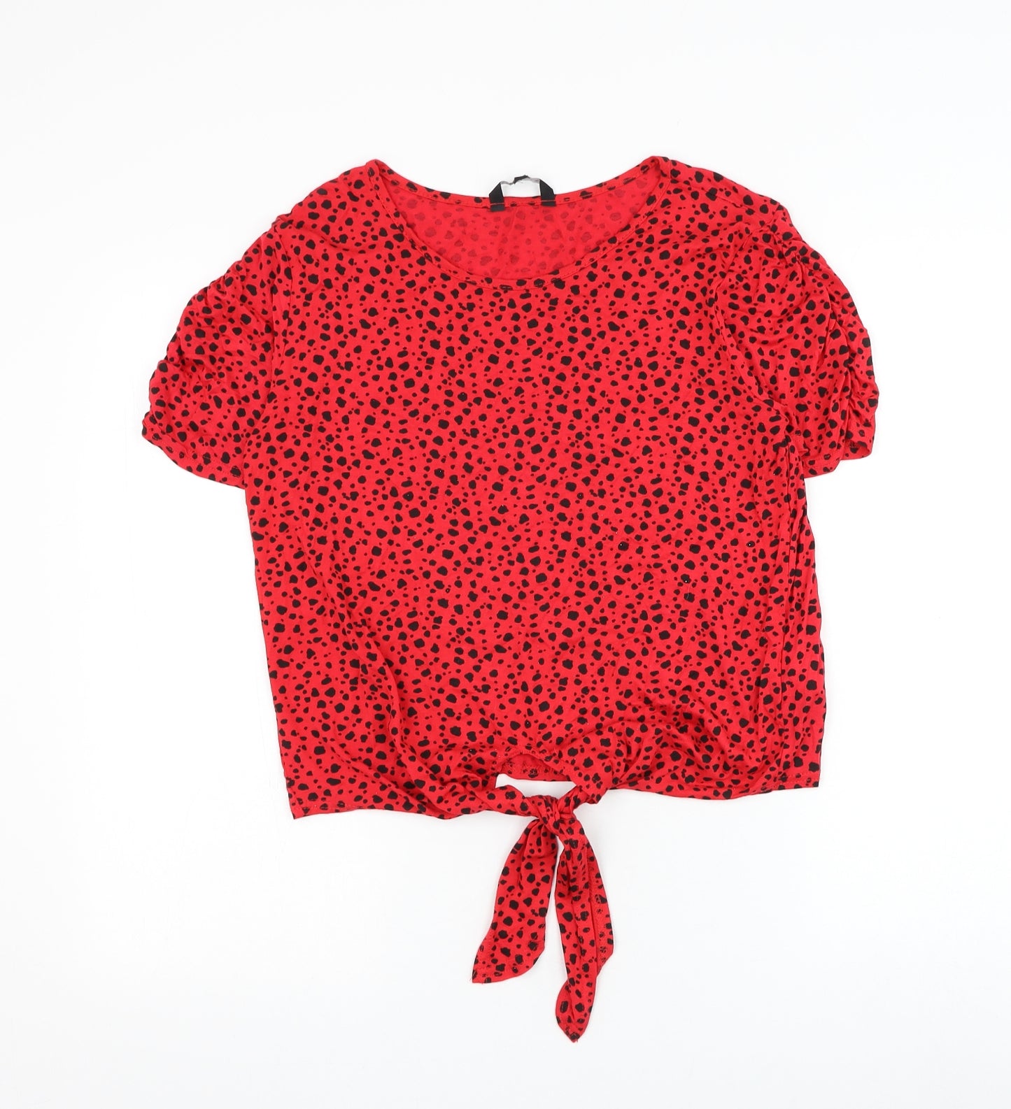 Peacocks Womens Red Animal Print Viscose Basic T-Shirt Size 12 Round Neck - Knot Front