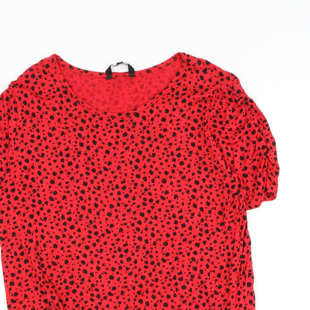 Peacocks Womens Red Animal Print Viscose Basic T-Shirt Size 12 Round Neck - Knot Front