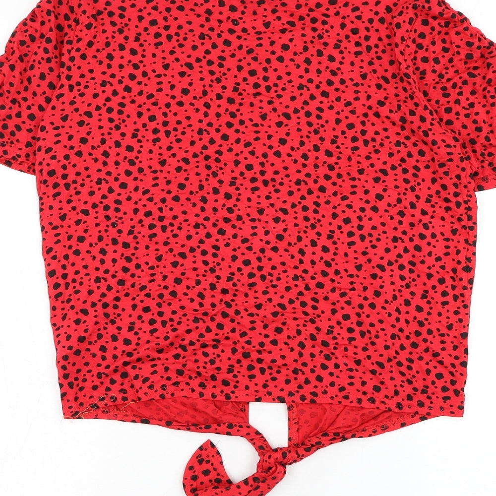 Peacocks Womens Red Animal Print Viscose Basic T-Shirt Size 12 Round Neck - Knot Front
