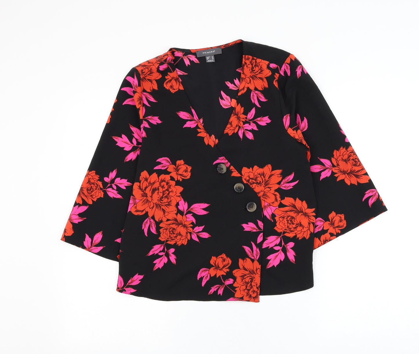 Primark Womens Black Floral Polyester Wrap Blouse Size 14 V-Neck