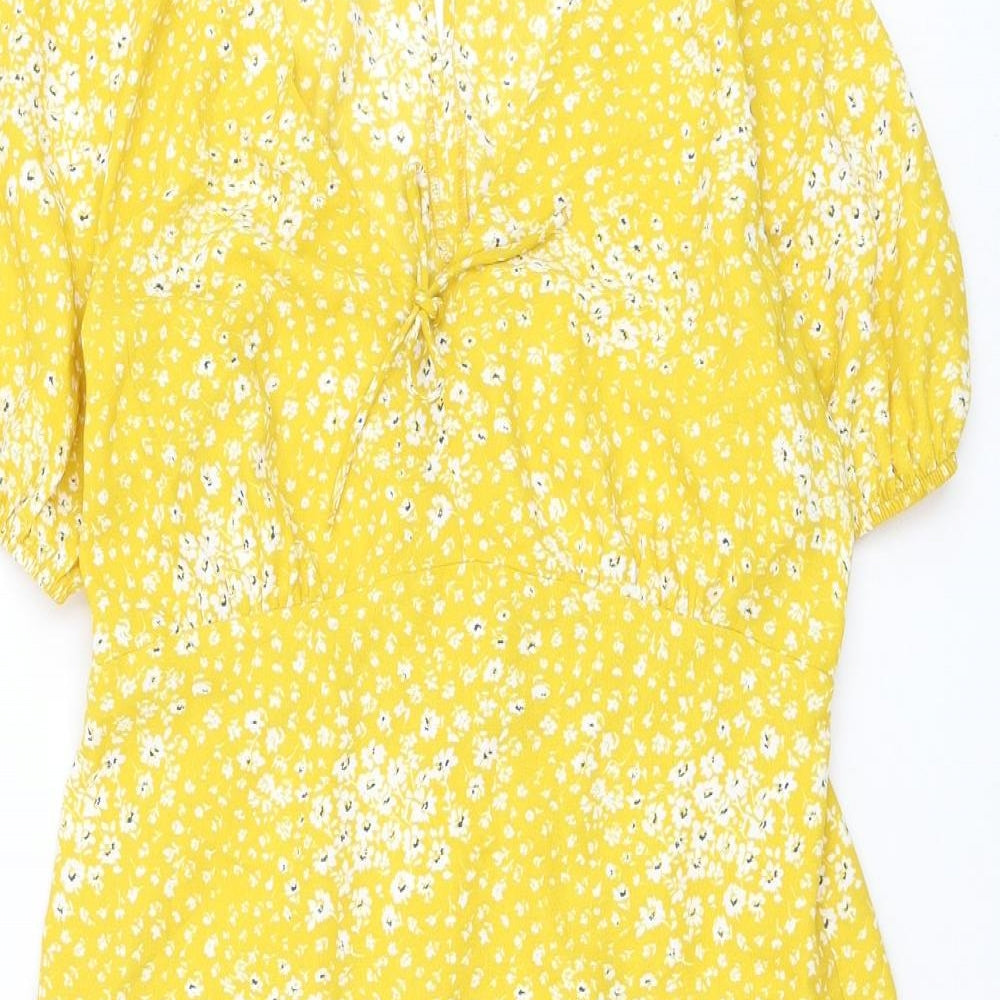 TU Womens Yellow Floral Polyester Shift Size 12 V-Neck Pullover