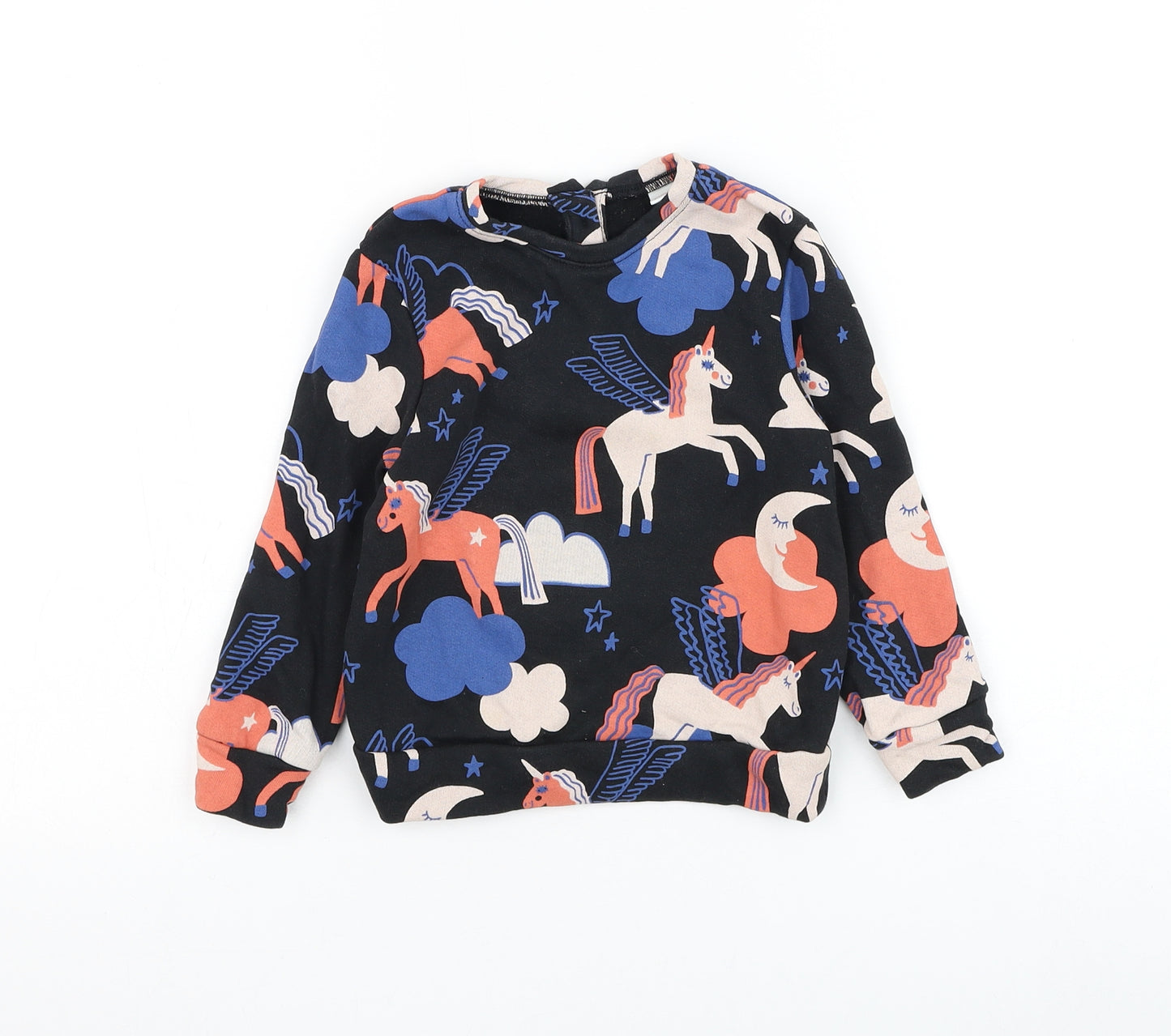 NEXT Girls Black Geometric Cotton Pullover Sweatshirt Size 2-3 Years Button - Unicorn
