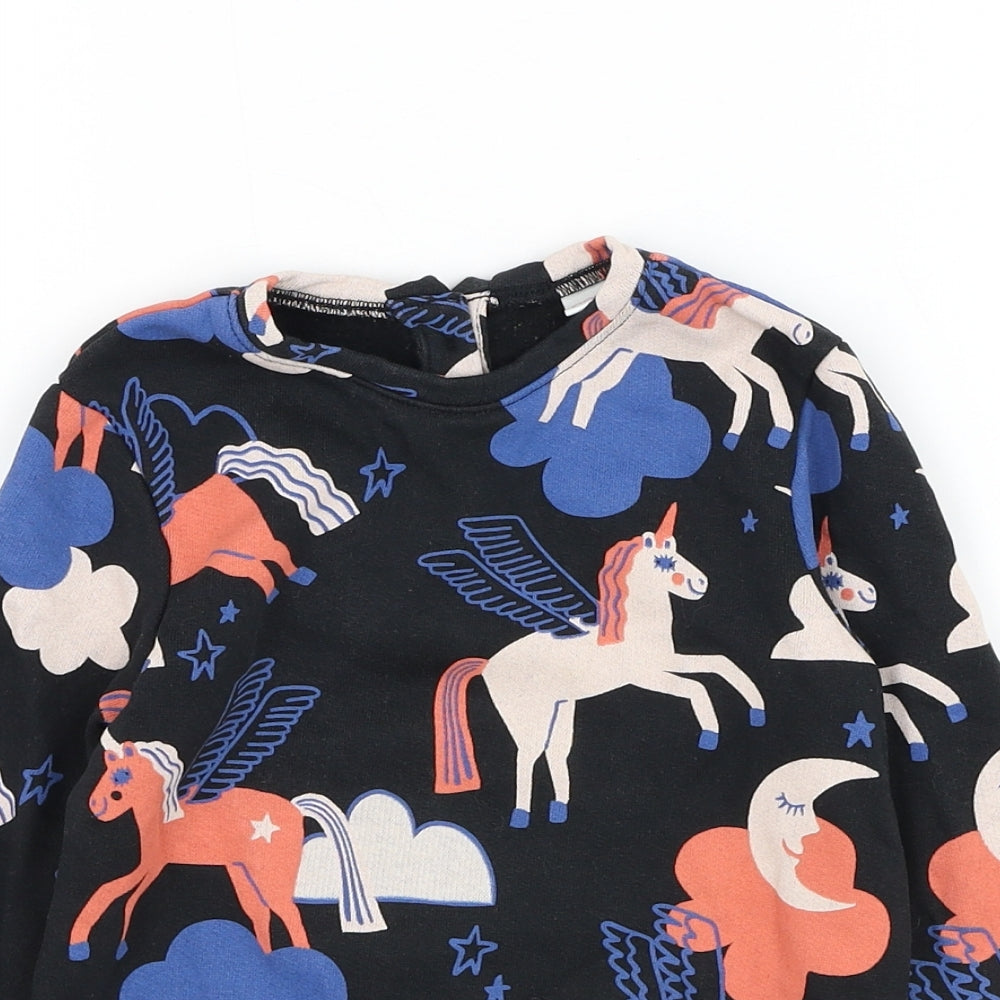 NEXT Girls Black Geometric Cotton Pullover Sweatshirt Size 2-3 Years Button - Unicorn