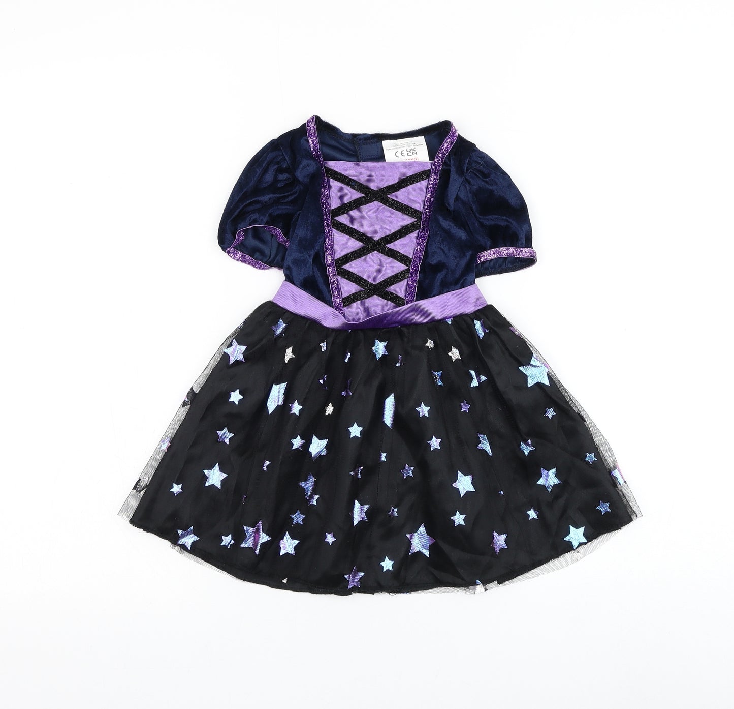 Preworn Girls Black Geometric Polyester A-Line Size 2-3 Years Square Neck Hook & Loop - Witch Halloween Costume