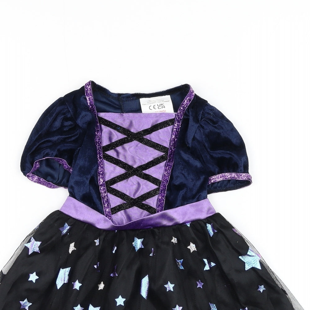 Preworn Girls Black Geometric Polyester A-Line Size 2-3 Years Square Neck Hook & Loop - Witch Halloween Costume