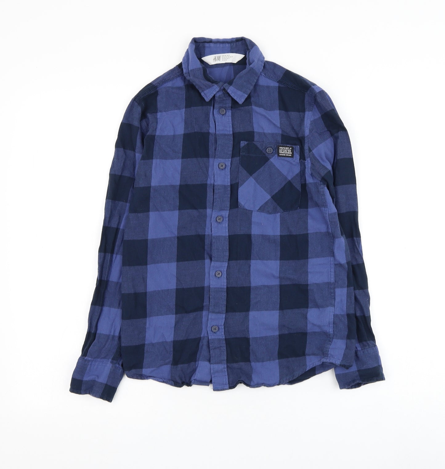 H&M Boys Blue Check Cotton Basic Button-Up Size 10-11 Years Collared Button