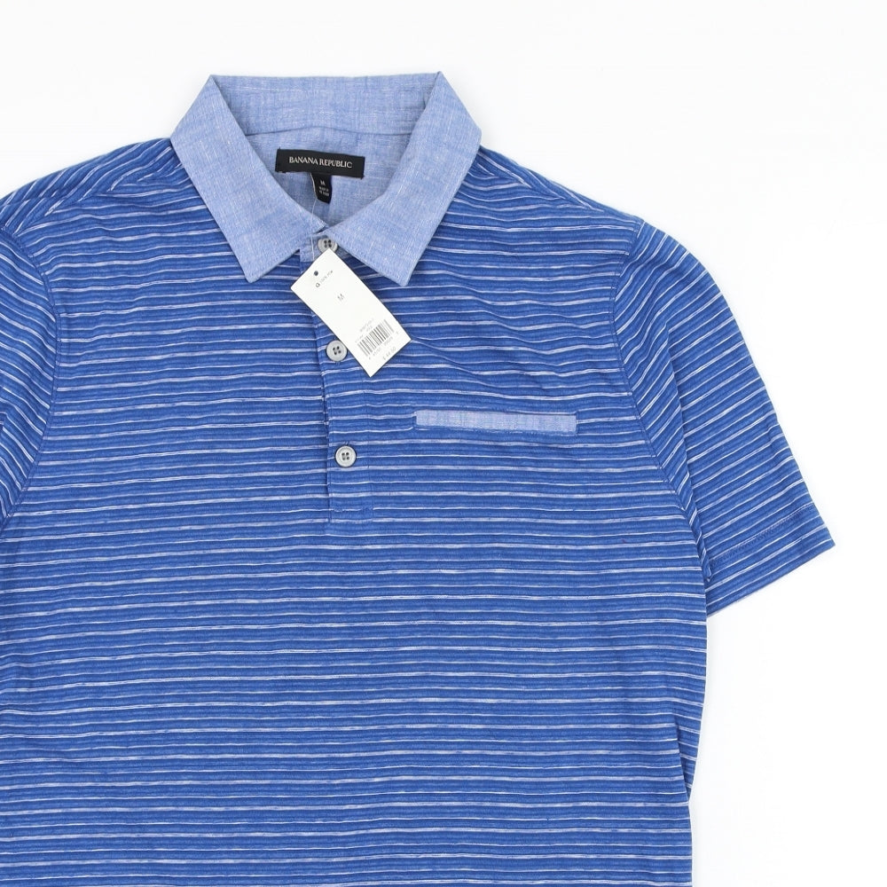 Banana Republic Mens Blue Striped Cotton Polo Size M Collared Button