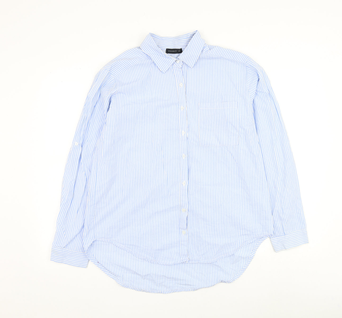 Exhibit Womens Blue Striped Cotton Basic Button-Up Size 14 Collared