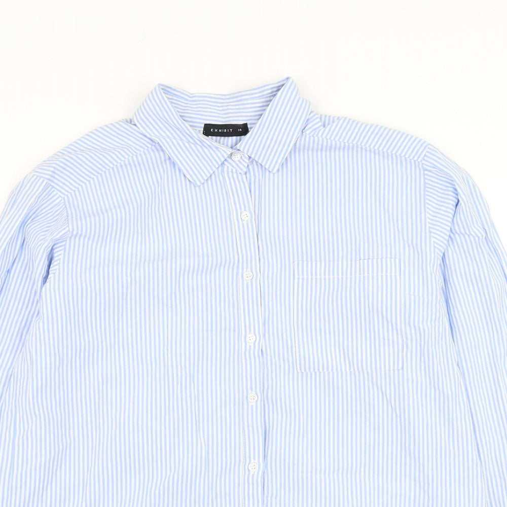 Exhibit Womens Blue Striped Cotton Basic Button-Up Size 14 Collared