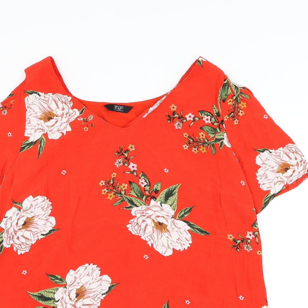 F&F Womens Red Floral Polyester Basic Blouse Size 14 Boat Neck