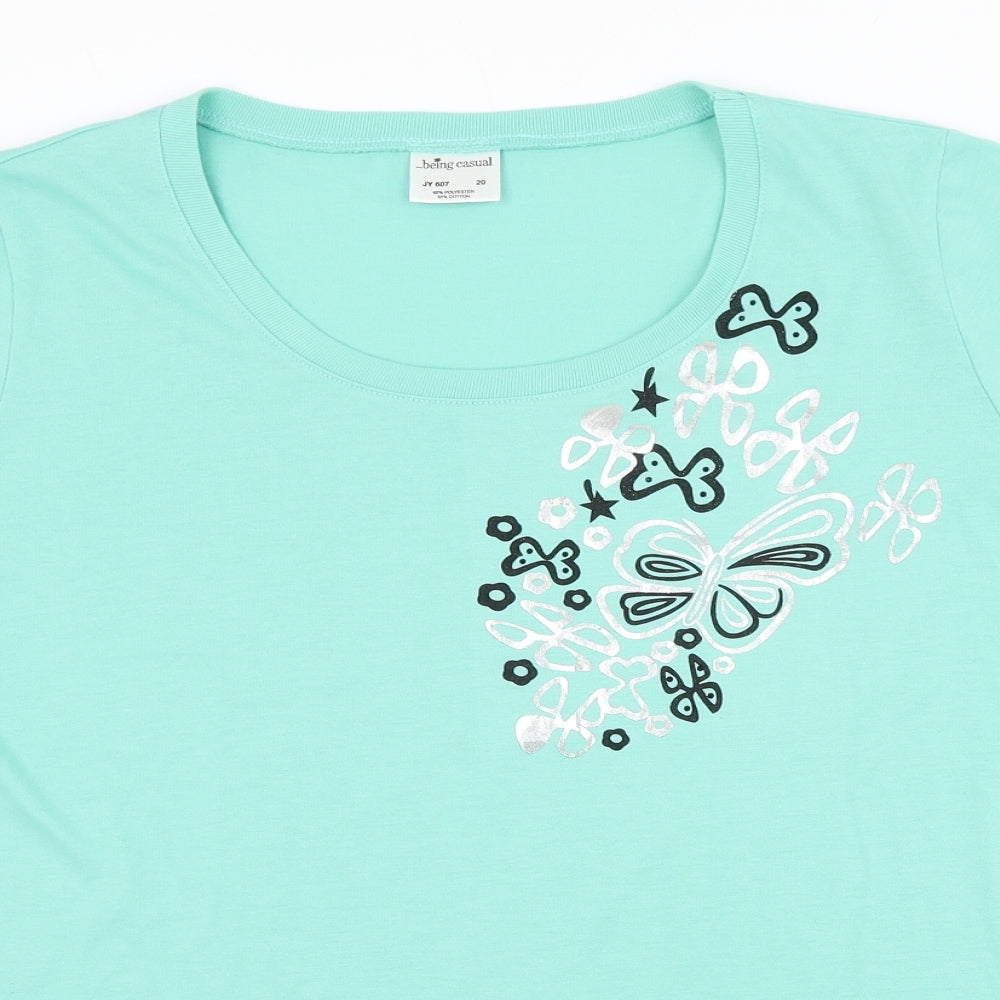 Being Casual Womens Green Polyester Basic T-Shirt Size 20 Scoop Neck - Butterfly