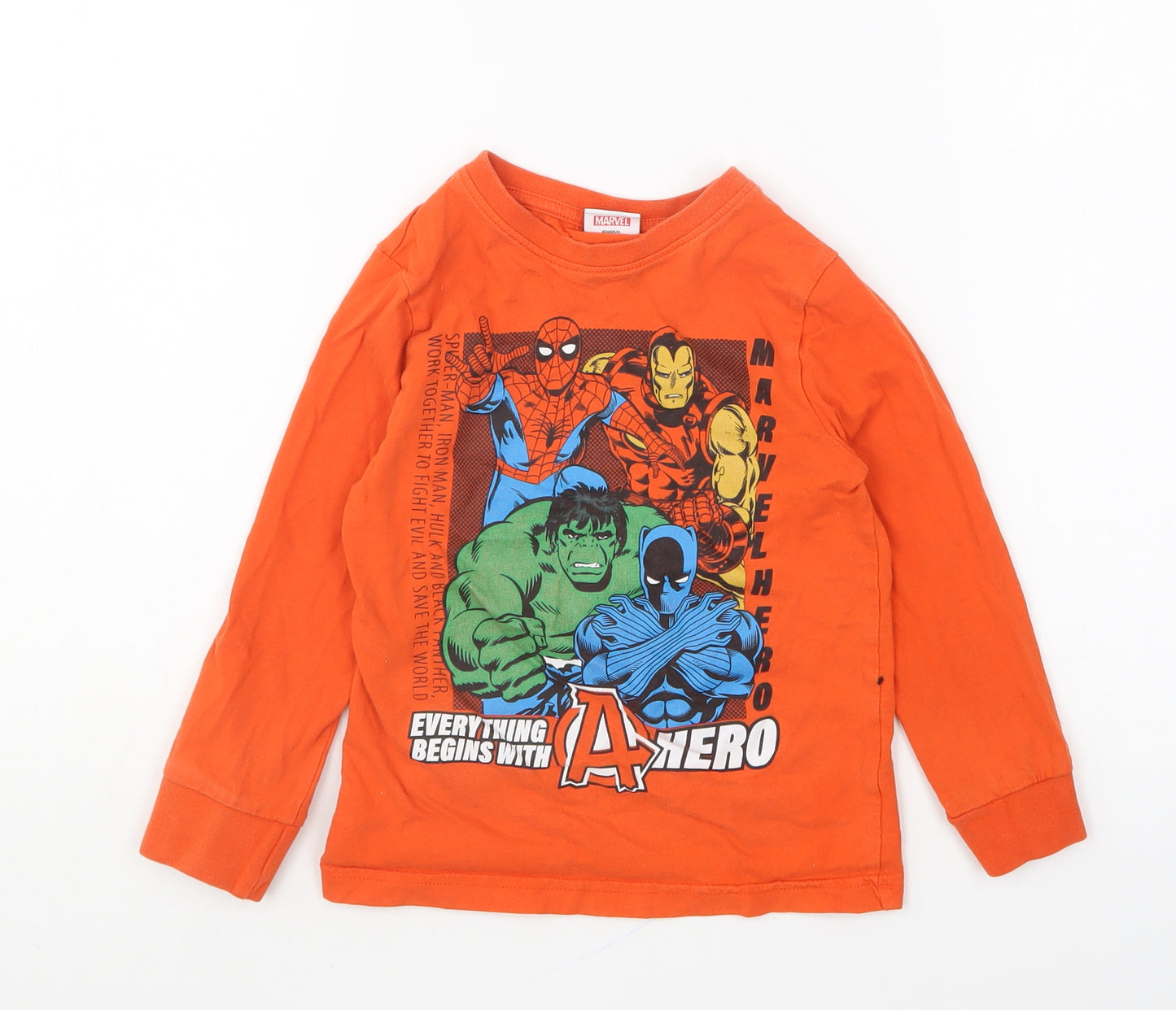F&F Boys Orange Cotton Basic T-Shirt Size 4-5 Years Round Neck Pullover - Marvel