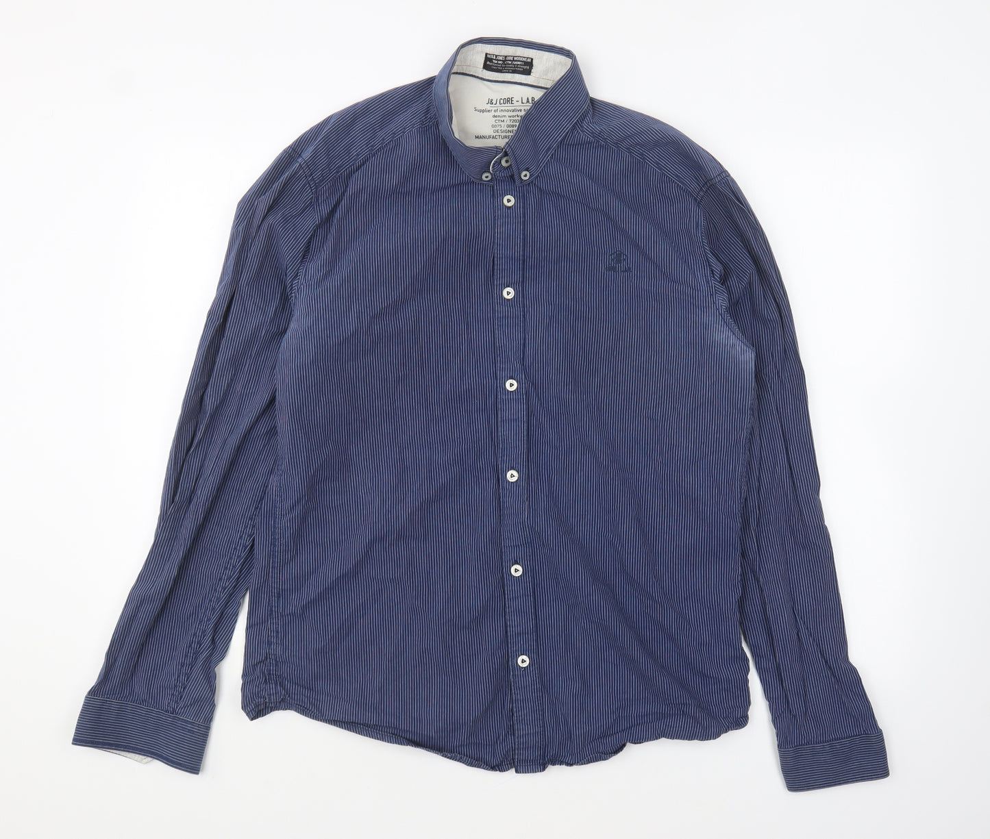JACK & JONES Mens Blue Striped Cotton Button-Up Size L Collared Button