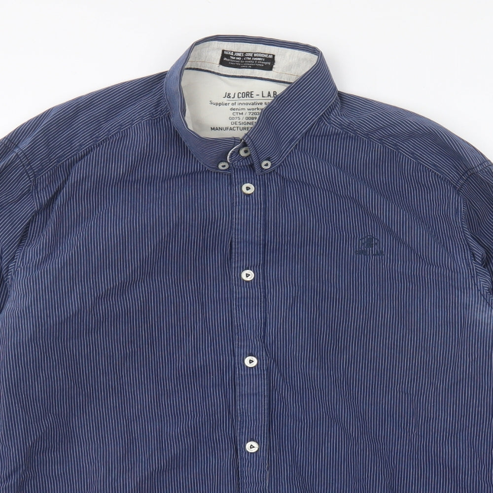 JACK & JONES Mens Blue Striped Cotton Button-Up Size L Collared Button