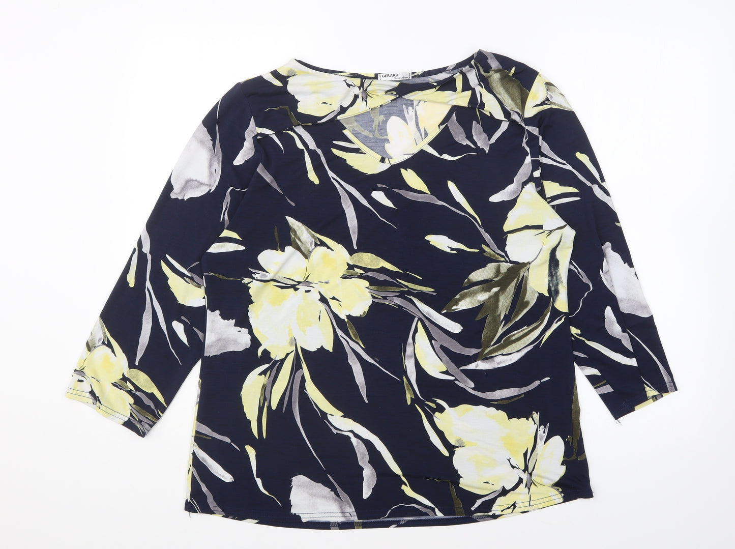 Gerard Womens Blue Floral Polyester Basic Blouse Size 14 High Neck