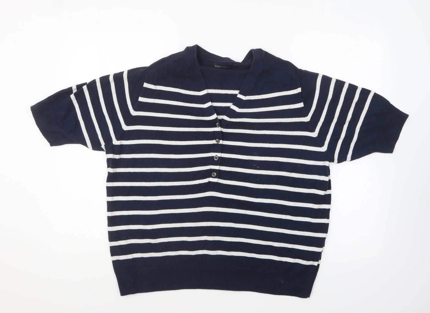 Marks and Spencer Womens Blue V-Neck Striped Cotton Pullover Jumper Size L