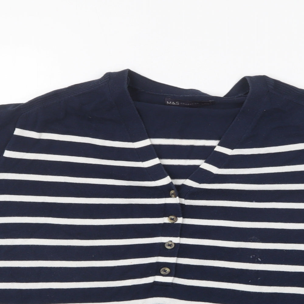 Marks and Spencer Womens Blue V-Neck Striped Cotton Pullover Jumper Size L