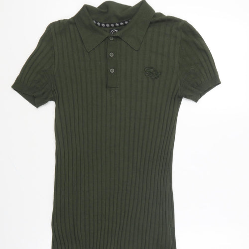 Fabric Mens Green Viscose Polo Size XS Collared Button