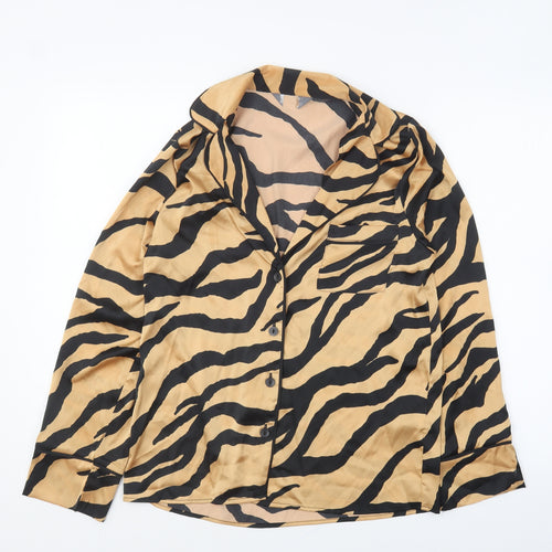 Primark Womens Brown Animal Print Polyester Basic Button-Up Size 2XS Collared - Tiger Print