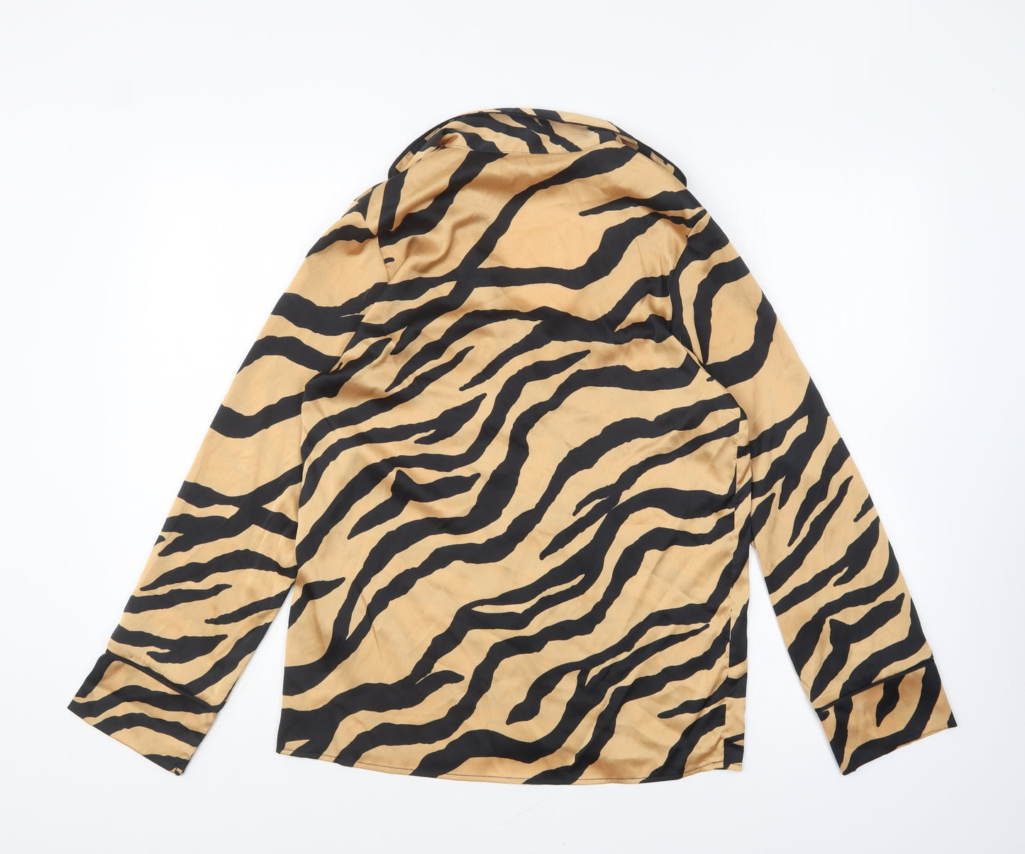 Primark Womens Brown Animal Print Polyester Basic Button-Up Size 2XS Collared - Tiger Print