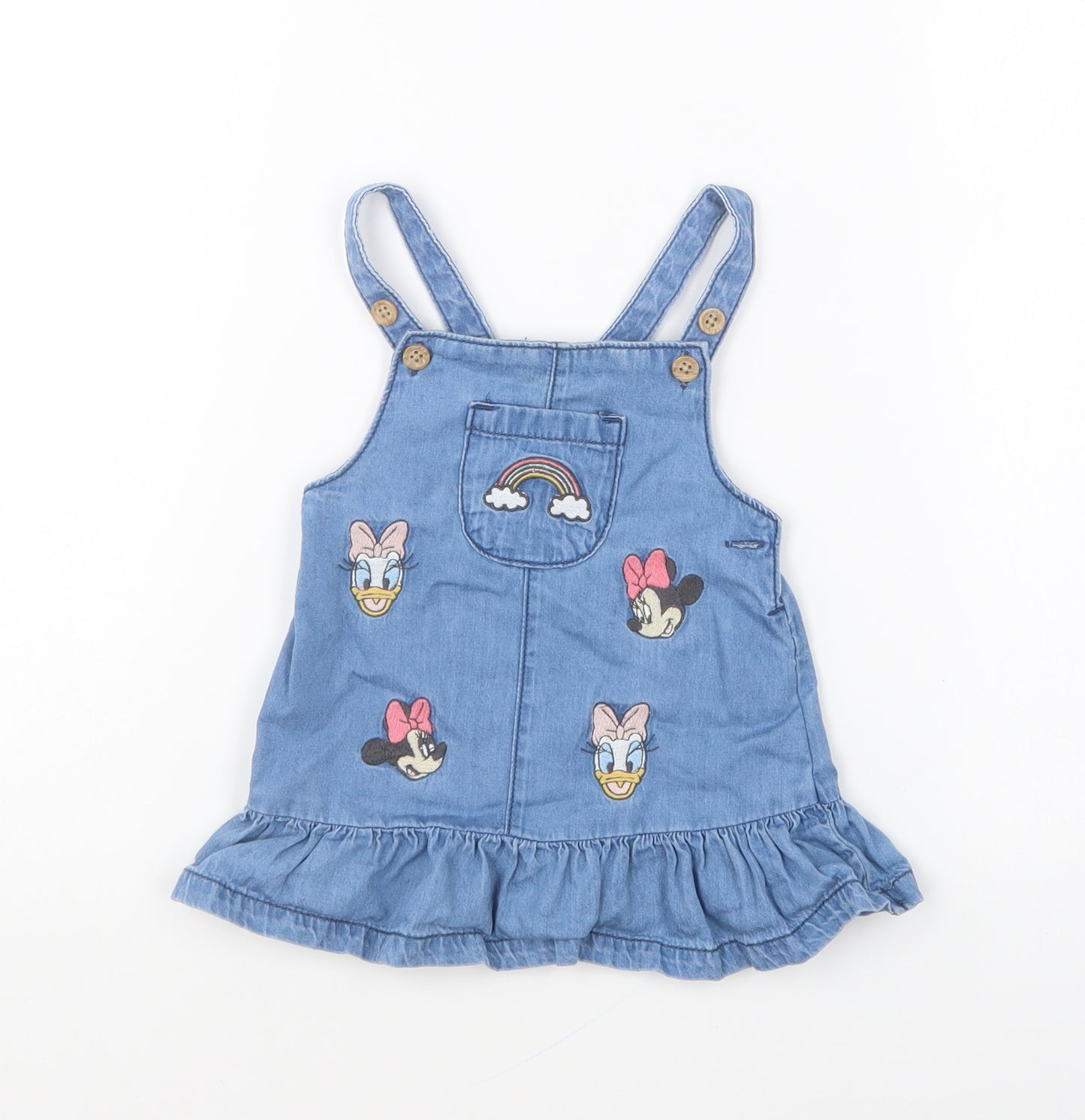 F&F Girls Blue Cotton Pinafore/Dungaree Dress Size 3-6 Months Scoop Neck Button - Disney