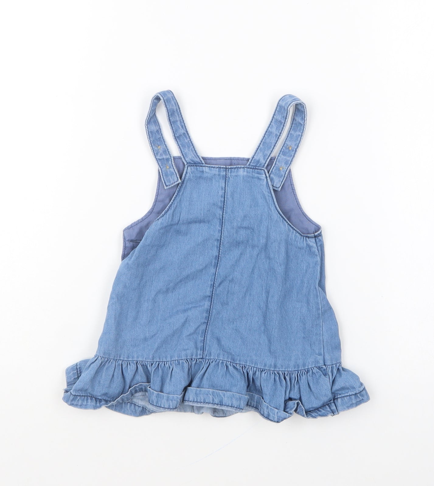 F&F Girls Blue Cotton Pinafore/Dungaree Dress Size 3-6 Months Scoop Neck Button - Disney