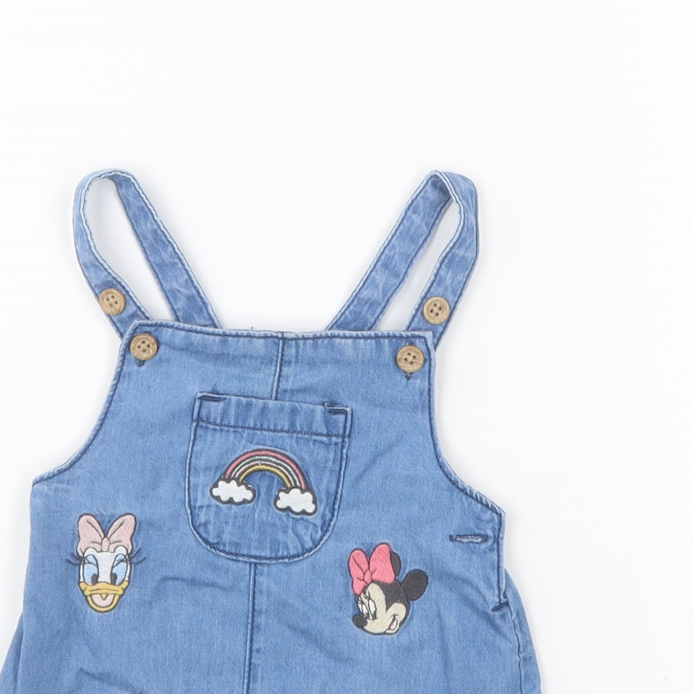 F&F Girls Blue Cotton Pinafore/Dungaree Dress Size 3-6 Months Scoop Neck Button - Disney