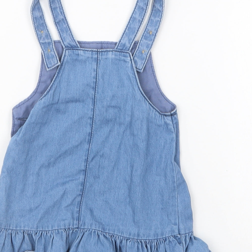 F&F Girls Blue Cotton Pinafore/Dungaree Dress Size 3-6 Months Scoop Neck Button - Disney