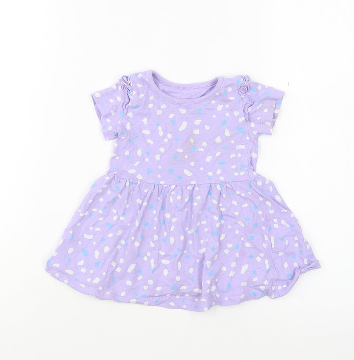Dunnes Stores Girls Purple Geometric Cotton Skater Dress Size 6-9 Months Round Neck Pullover