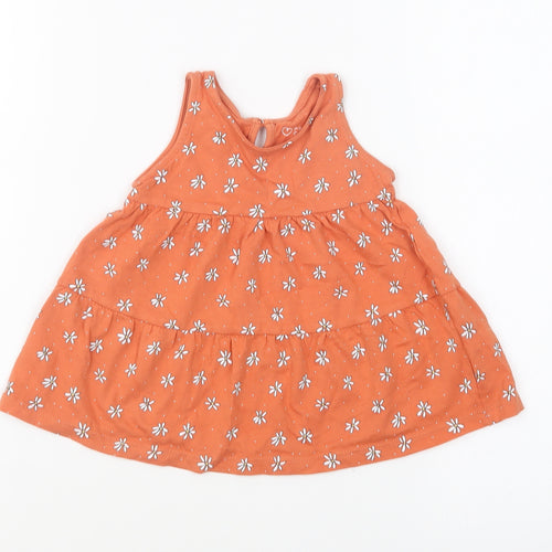 Primark Girls Orange Geometric Cotton Skater Dress Size 6-9 Months Round Neck Button - Daisy Print