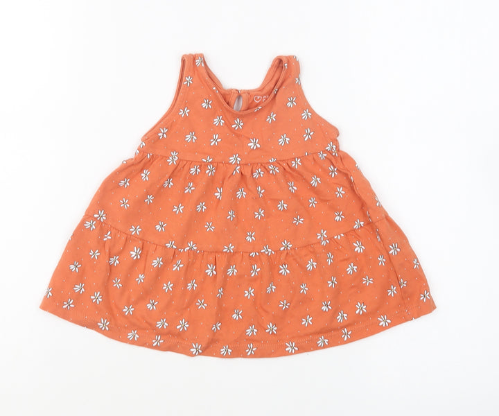 Primark Girls Orange Geometric Cotton Skater Dress Size 6-9 Months Round Neck Button - Daisy Print